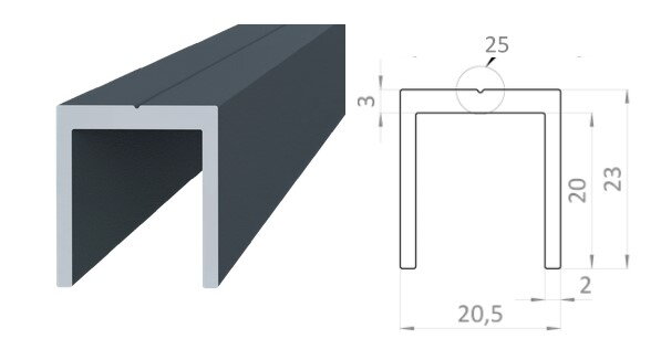 AL PLOTY BRANY LAMELA AL U vnútro  16,5 mm , 23x20,5x23x2 mm RAL LAKOVANÉ ANTRACIT štruktúra