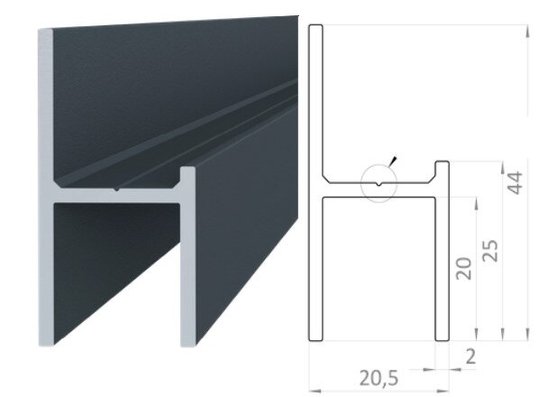 AL PLOTY BRANY LAMELA AL U vnútro  16,5 mm , 23x20,5x23x2 mm s bočnicou RAL LAKOVANÉ ANTRACIT štruktúra