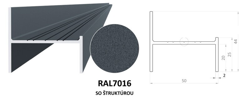 AL PLOTY BRANY LAMELA AL U vnútro  46 mm , 23x50x23x2 mm s bočnicou RAL LAKOVANÉ ANTRACIT štruktúra