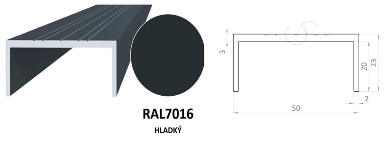 AL PLOTY BRANY LAMELA AL U vnútro  46 mm , 23x50x23x2 mm RAL LAKOVANÉ ANTRACIT hladký