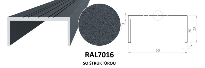 AL PLOTY BRANY LAMELA AL U vnútro  46 mm , 23x50x23x2 mm RAL LAKOVANÉ ANTRACIT štruktúra